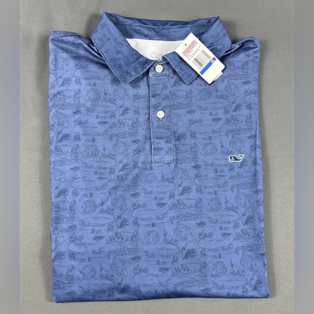 Vineyard Vines Golf Shirt Polo Fly Fishing Scene Print XL Moonshire Polyester